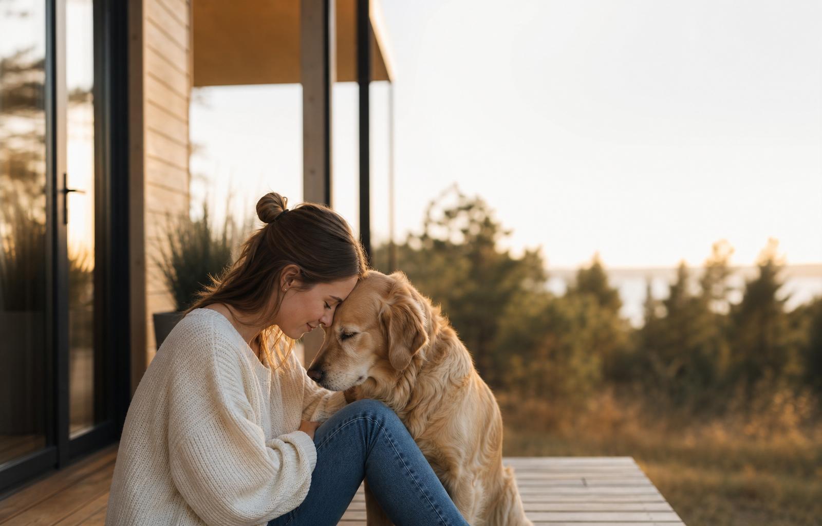 A person and their dog sharing a quiet moment on a warm porch